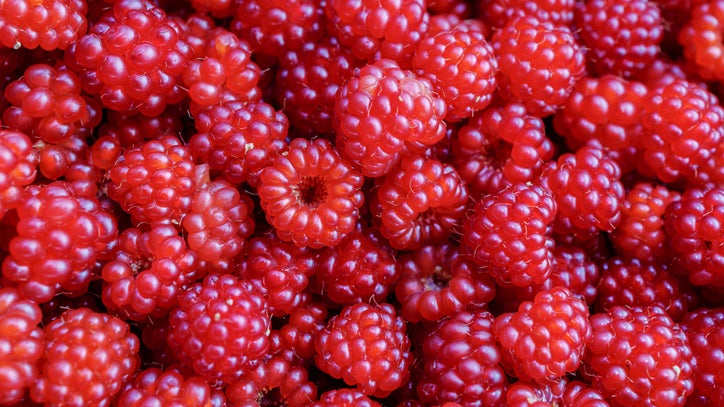 Photo shows a close up of wild raspberries.