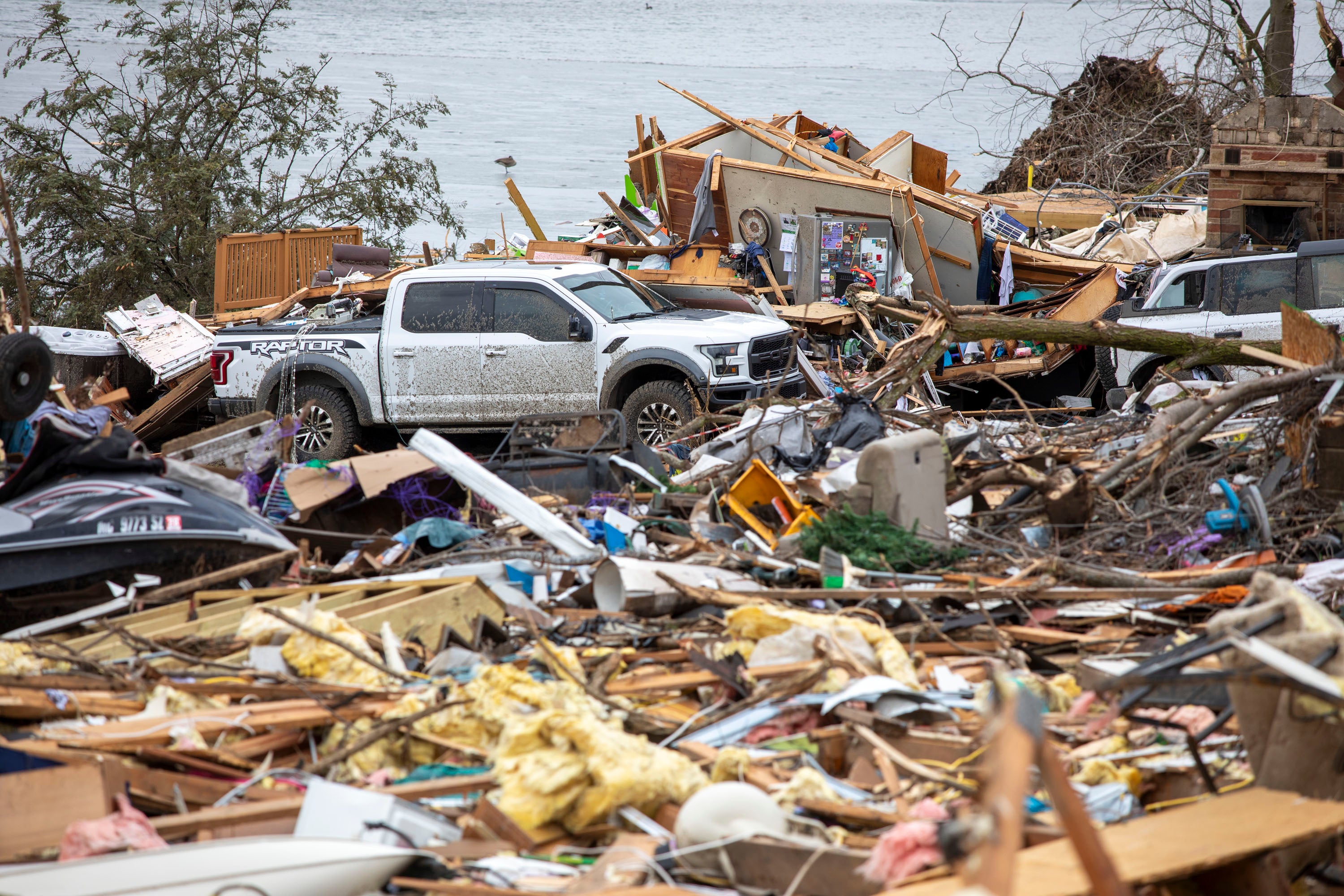 Damage and debris following a tornado that hit several cities in rural southwest Michigan on March 7, 2026.