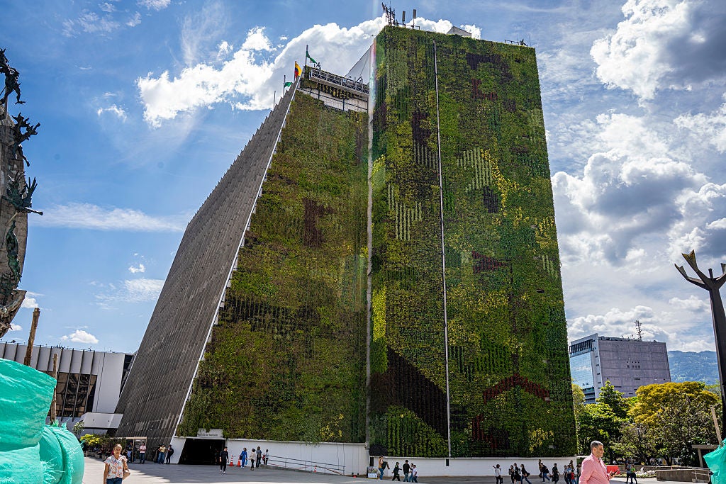 This image shows living walls on a building in Medell&iacute;n.