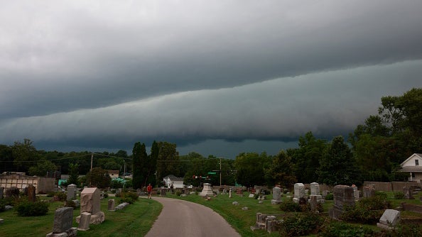 Dark shelf cloud looms over a cemetery with headstones and a winding path amid trees.
