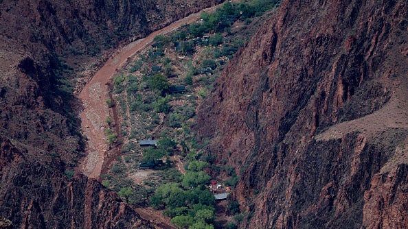 Aerial view of a muddy river winding through a canyon with green vegetation and small buildings nestled between steep rocky cliffs.