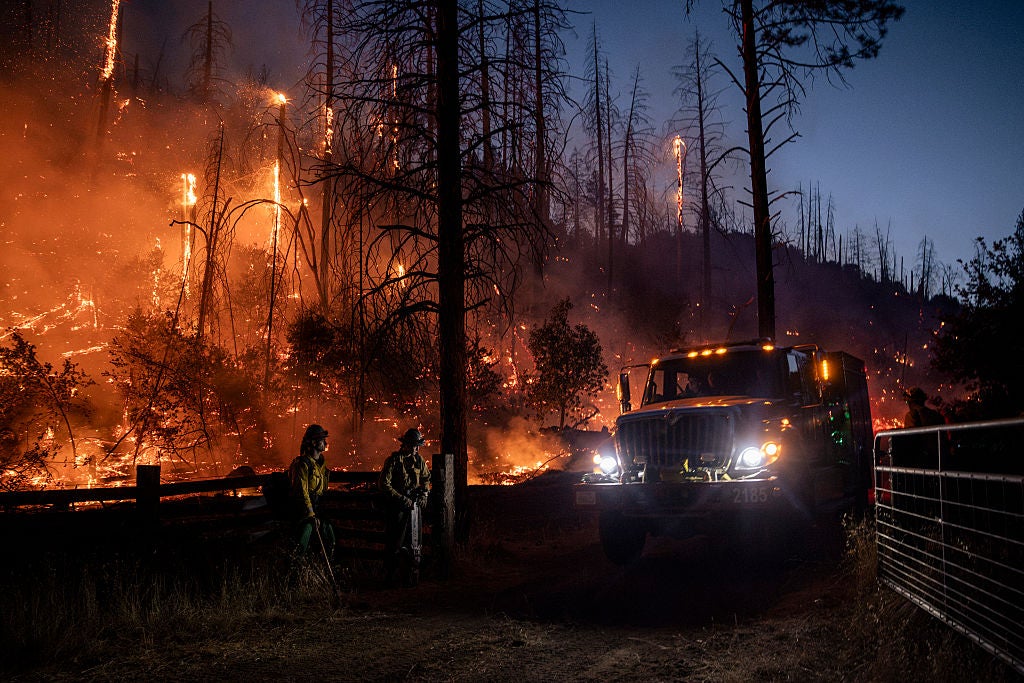A fire engine drives past a group of firefighters along a control line during the Lucas Fire near Upper Lake, Calif., on Saturday, Sept. 12, 2026.
