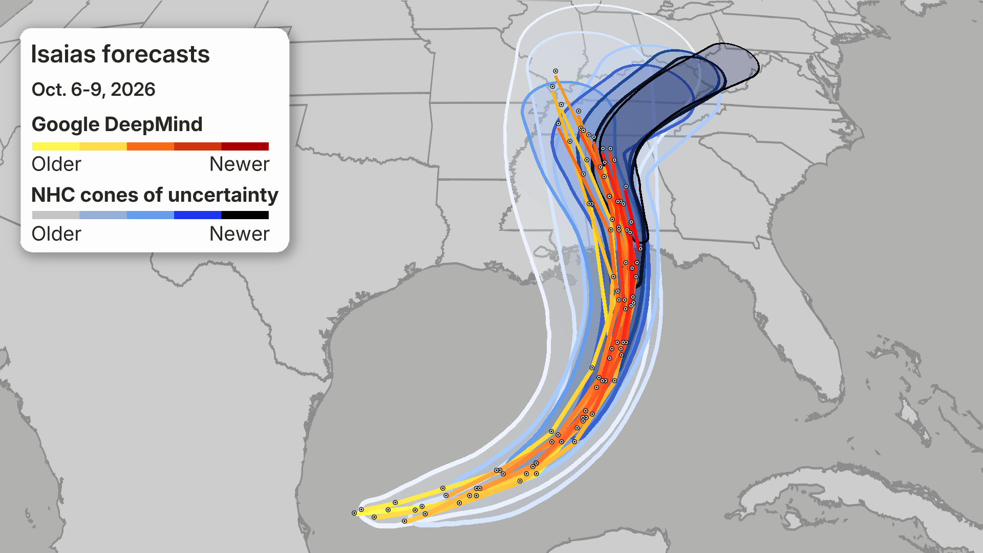 Map comparing Google DeepMind storm track forecasts and NHC uncertainty cones for Hurricane Isaias from Oct. 6-9, 2026