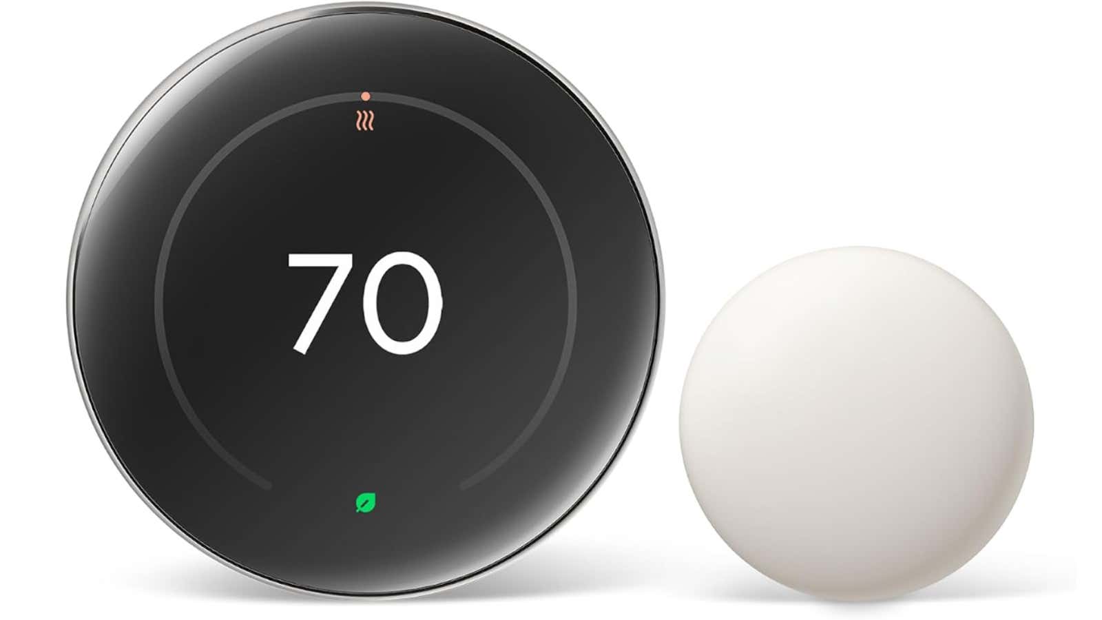 Round smart thermostat displaying 70 degrees with a heating icon, next to a white spherical temperature sensor