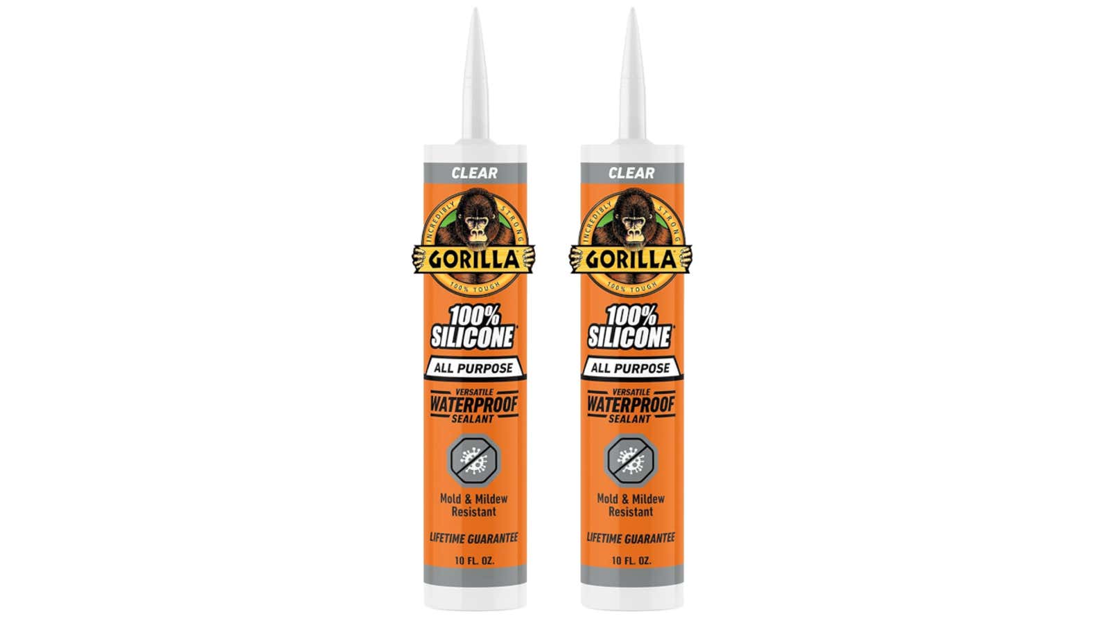 Two tubes of Gorilla Clear 100% Silicone All Purpose Waterproof Sealant, 10 fl. oz. each