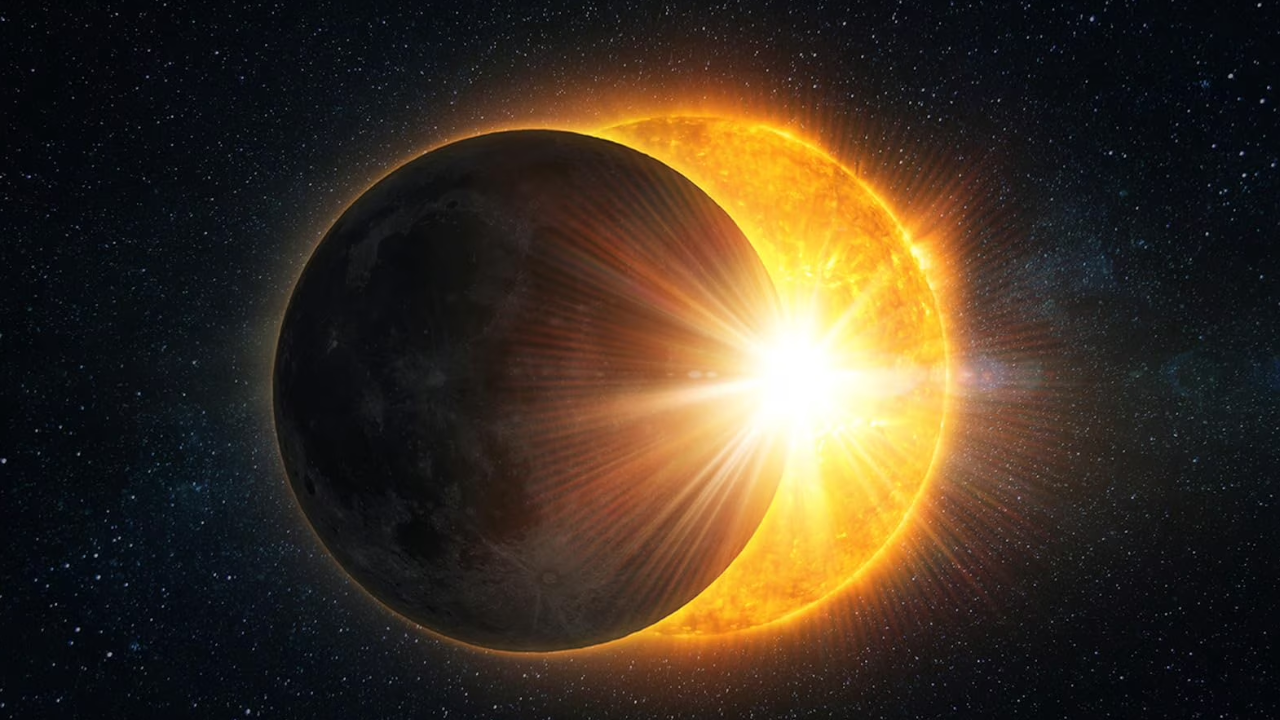 Solar eclipse illustration showing dark moon partially covering bright glowing sun against starry space background