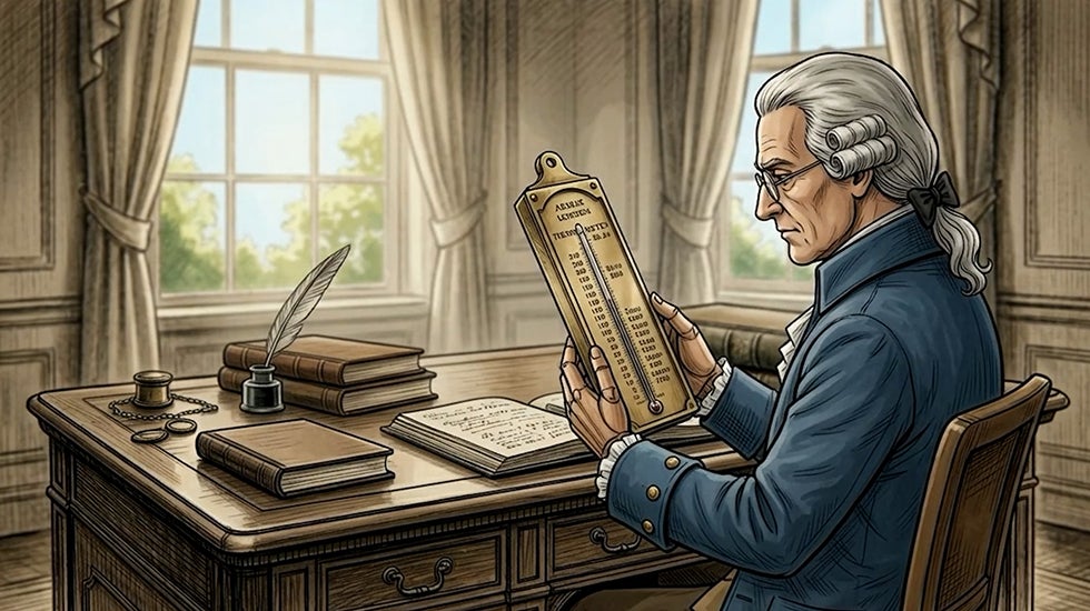 Thomas Jefferson looks at a thermometer