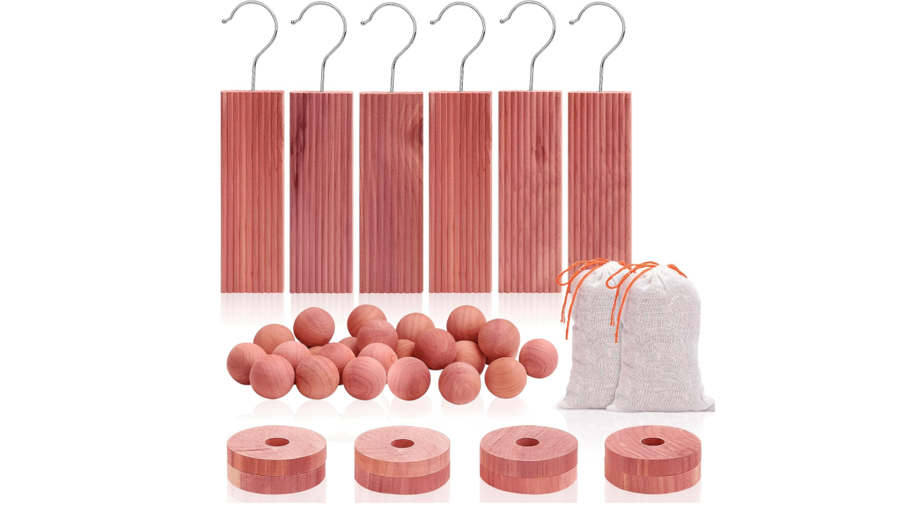 Cedar wood hanging blocks with hooks, cedar balls, ring discs, and two linen sachets for closet storage