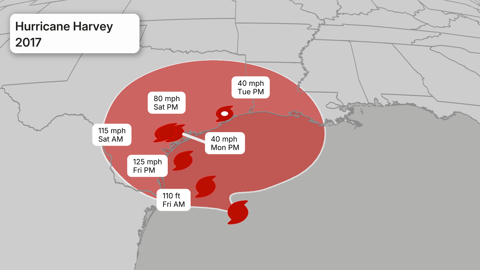 The forecast "cone," or sphere, of the center of Hurricane Harvey from the National Hurricane Center issued Aug. 24, 2017. Harvey's forecast stall caused the typical "cone" shape of this path to resemble a circle.