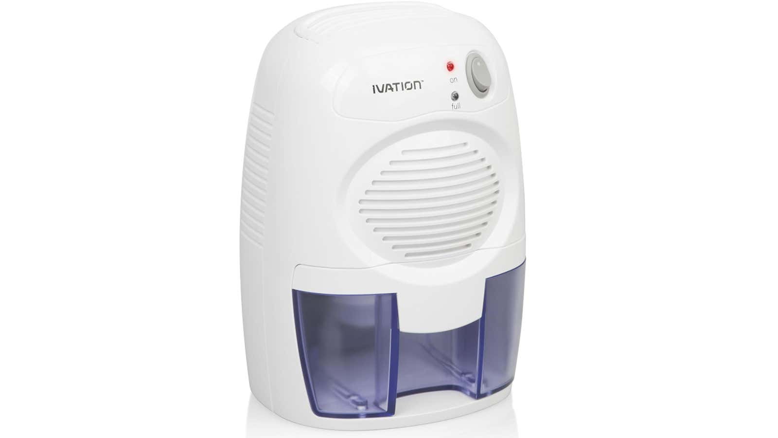 White Ivation compact dehumidifier with a translucent blue water tank and on/full indicator lights