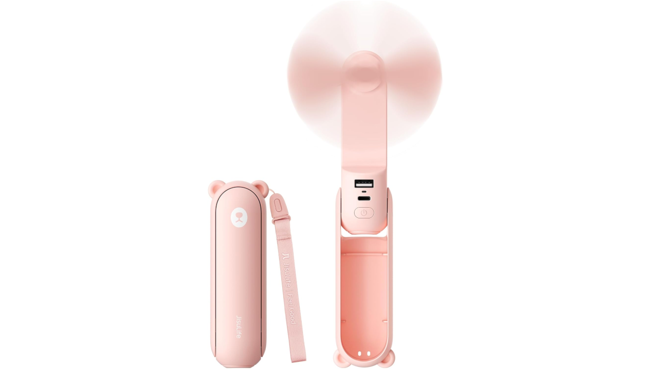 Pink handheld portable fan with bear ear design shown in closed and open positions with wrist strap