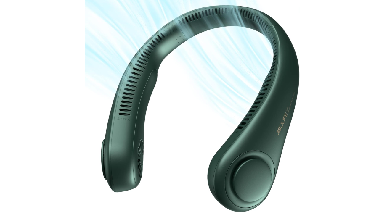 Green wearable neck fan with curved design and ventilation slits on light blue striped background