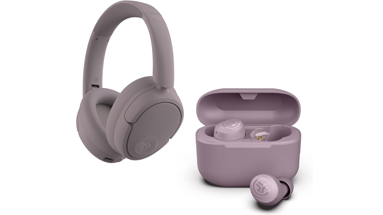 Purple wireless over-ear headphones and matching wireless earbuds with charging case displayed together