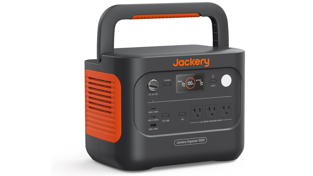 Black and orange Jackery Explorer 1000 portable power station with handle and front display
