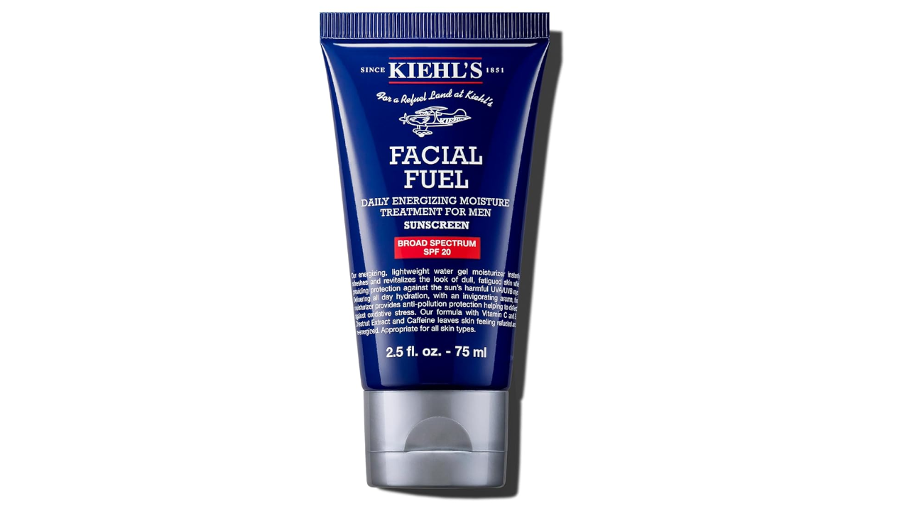 Blue tube of Kiehl's Facial Fuel daily energizing moisture treatment for men with SPF 20 sunscreen, 2.5 fl oz