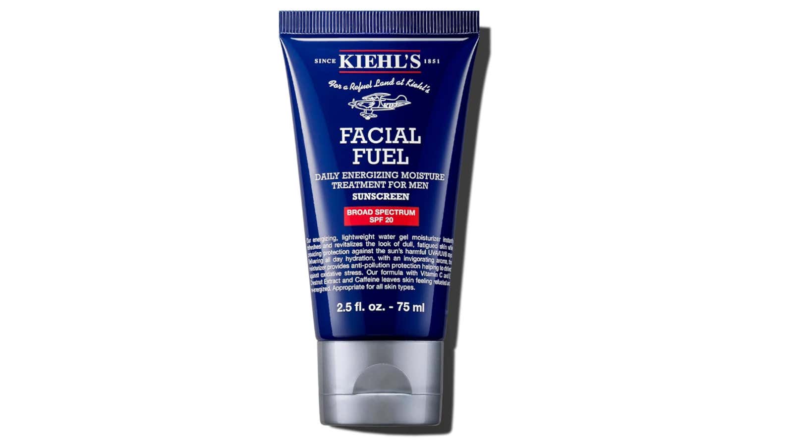 Blue tube of Kiehl's Facial Fuel daily energizing moisture treatment for men with SPF 20 sunscreen, 2.5 fl oz