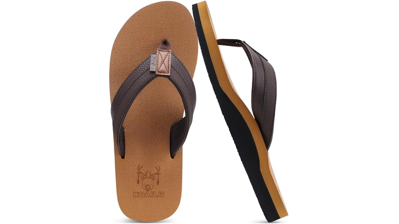 A pair of brown leather flip-flops with tan soles and "KUAILU" branding embossed on the footbed