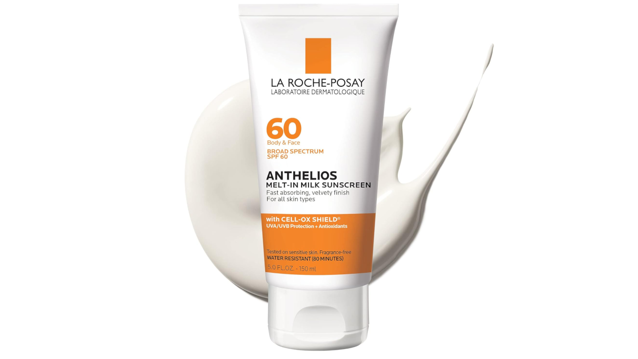 La Roche-Posay Anthelios SPF 60 melt-in milk sunscreen tube with orange and white packaging showing product details and a white sunscreen streak beside it