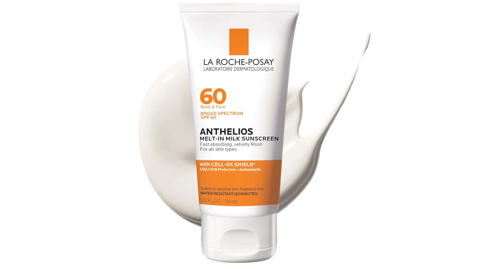 La Roche-Posay Anthelios SPF 60 melt-in milk sunscreen tube with orange and white packaging showing product details and a white sunscreen streak beside it