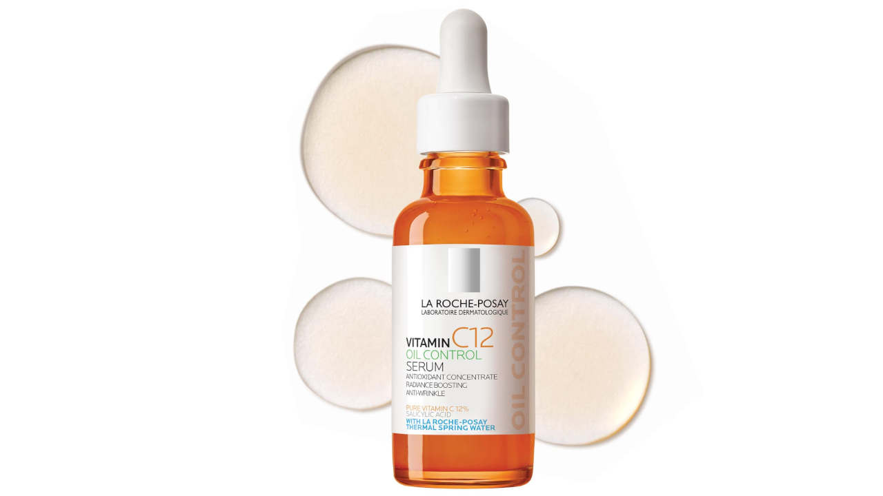 La Roche-Posay Vitamin C12 Oil Control Serum bottle with dropper, set against textured droplet-like circular background