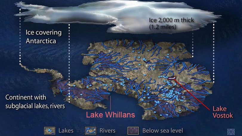 An artist's conception of the Antarctic subglacial environment.