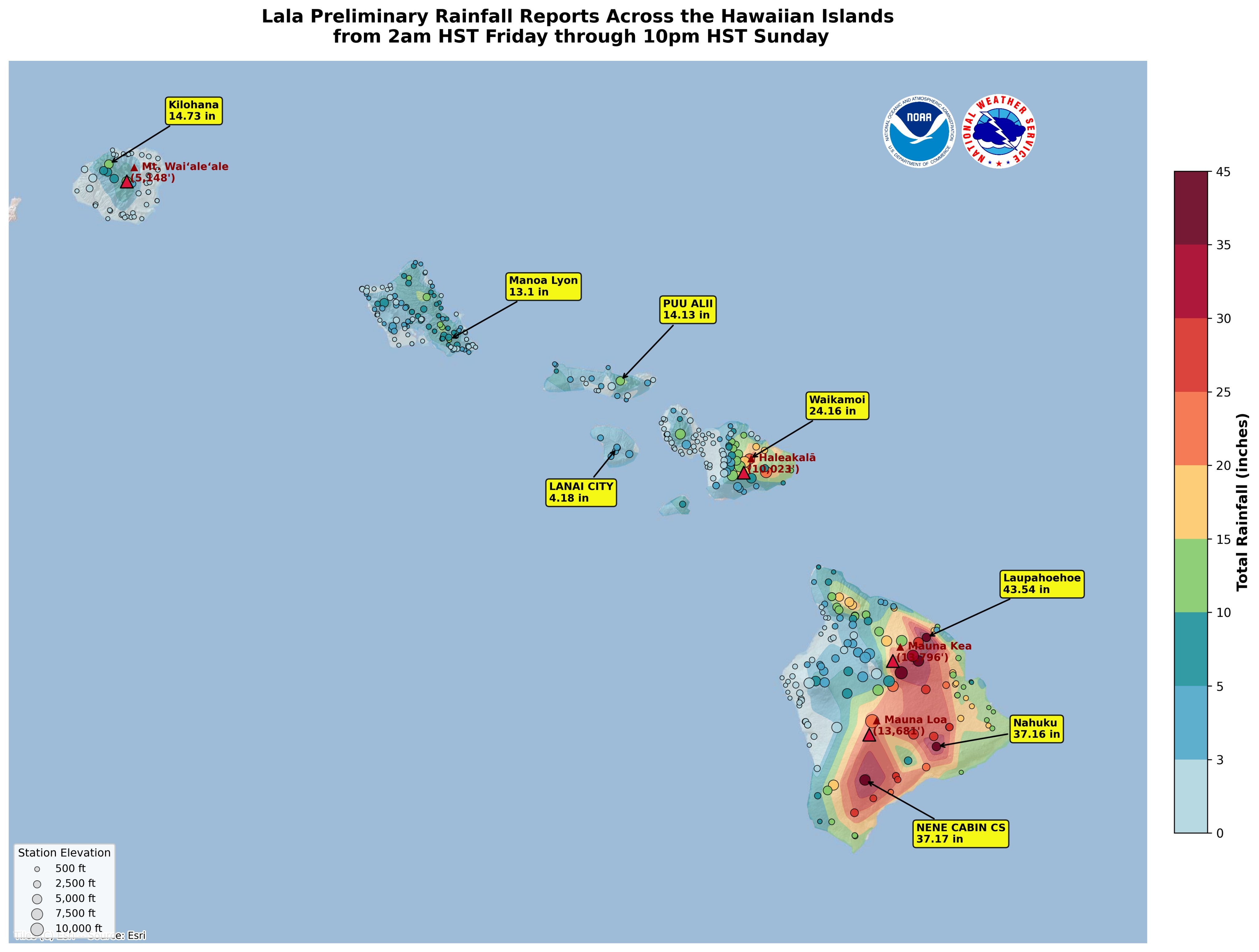 Preliminary rainfall reports across the Hawaiian Islands from Hurricane Lala