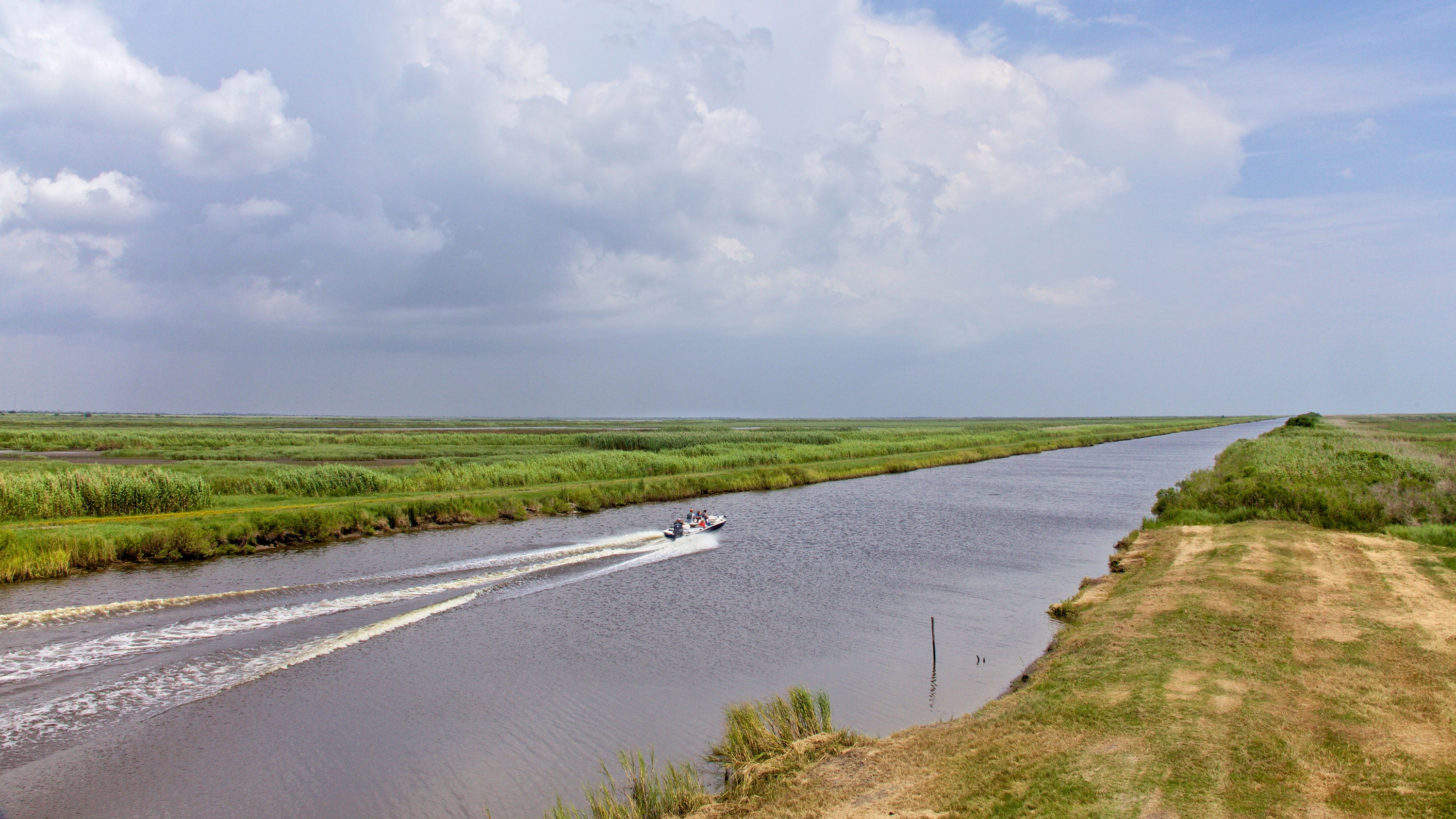 A boat speeds through a canal at Rockefeller Wildlife Management Area and Game Preserve in Louisiana.
