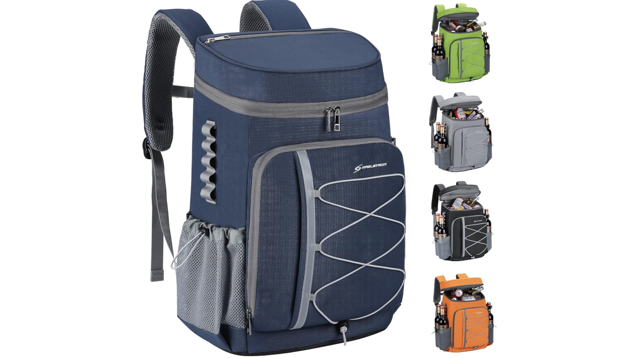 Navy blue insulated cooler backpack with gray mesh straps and side pockets, shown alongside smaller versions in green, gray, and orange colors
