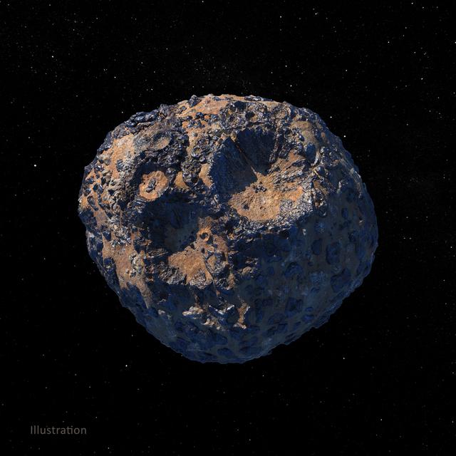 Nobody knows what 16 Psyche looks like. This artist's illustration is our best guess. The asteroid is made of metal and possibly the skeleton of a dead planet. 
