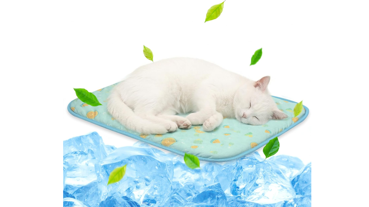 White cat sleeping on cooling mat with green leaves floating around, positioned above blue ice cubes