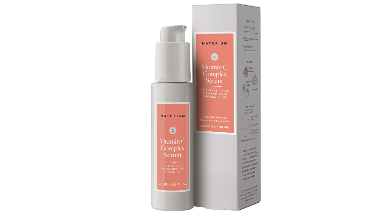 Naturium Vitamin C Complex Serum pump bottle with peach-colored label next to its packaging box