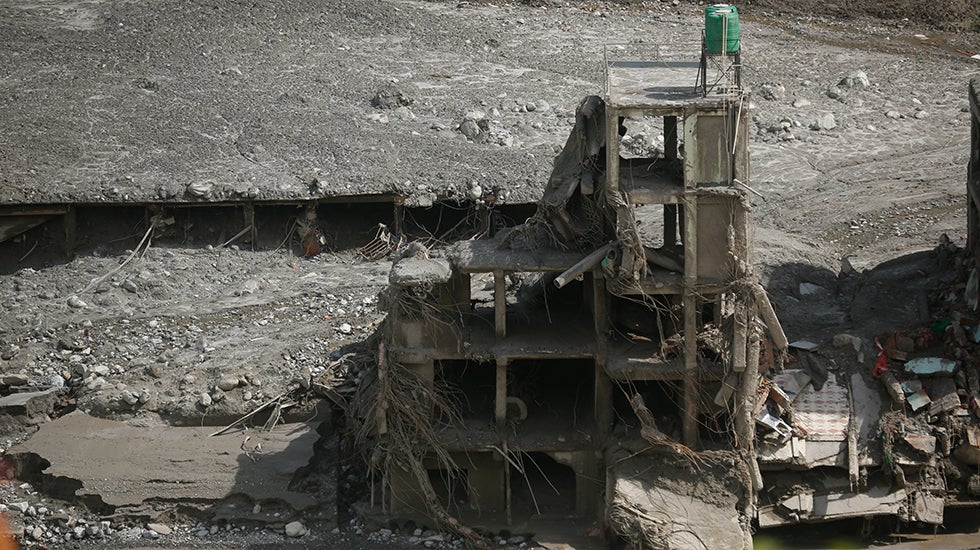 A flood-destroyed building