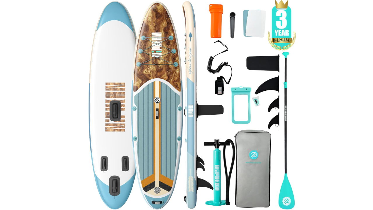 Complete inflatable paddleboard kit with blue and wood-grain boards, paddle, pump, fins, leash, and accessories with 3-year warranty badge