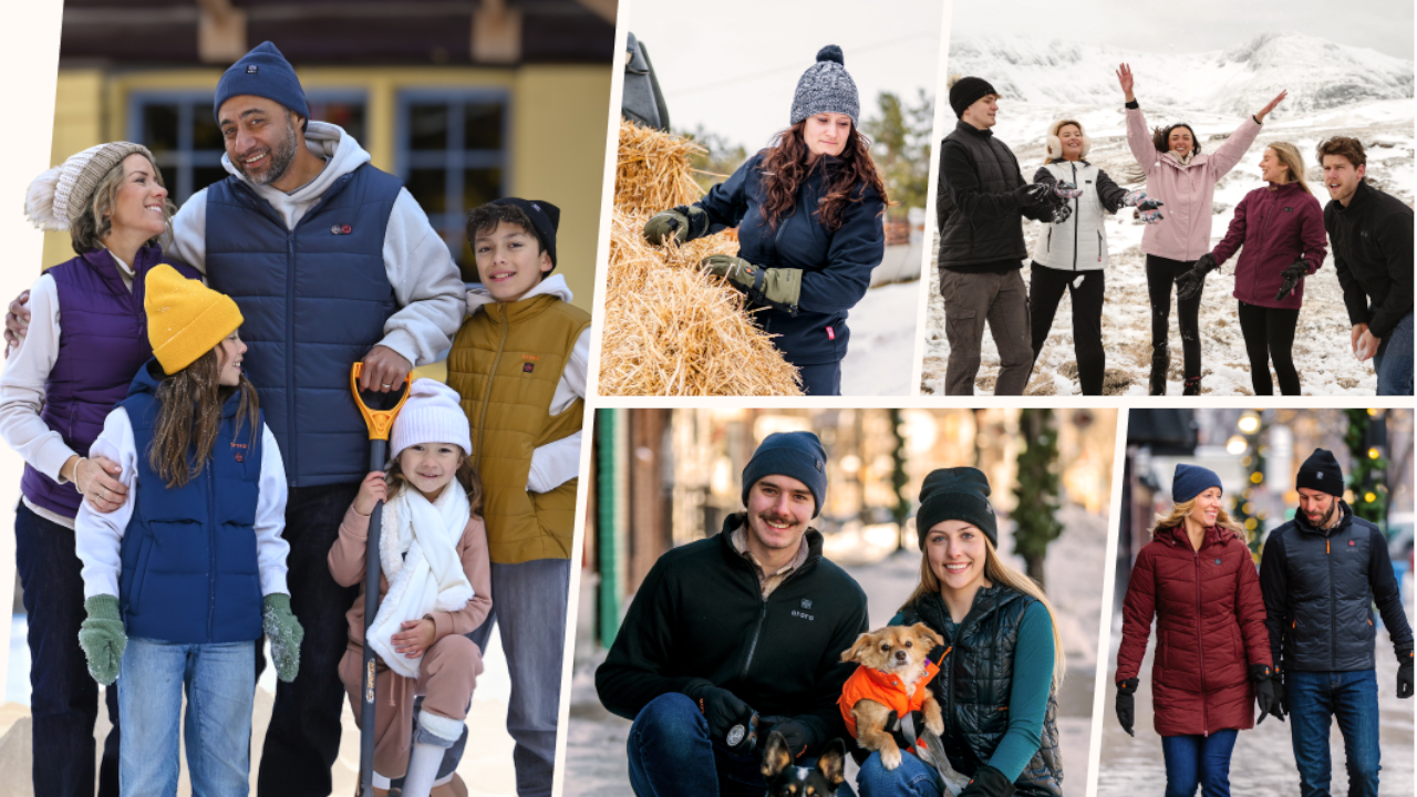 Collage of people wearing warm winter jackets and beanies in snowy outdoor settings with family and friends