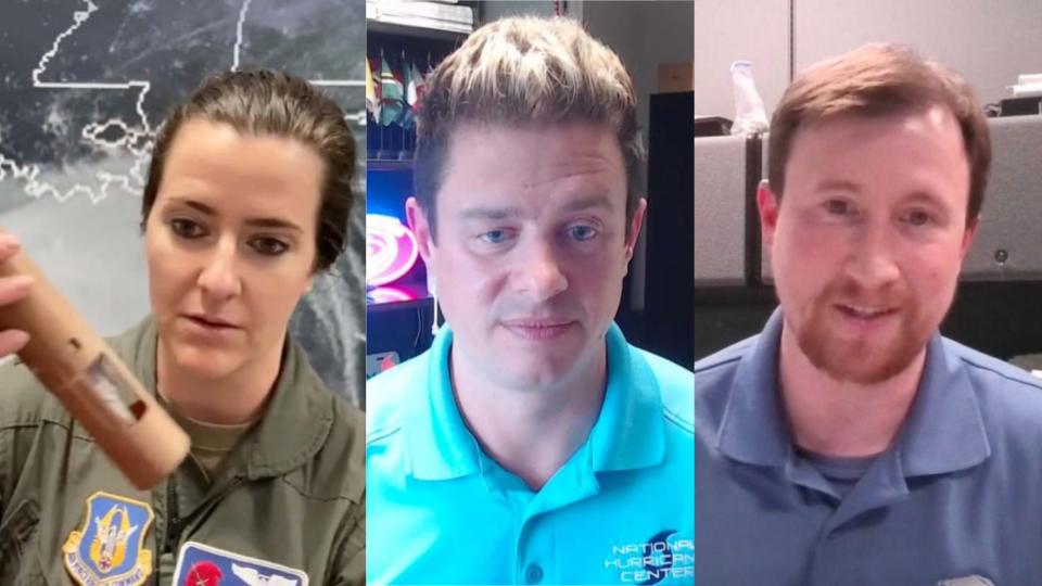 Hurricane experts from left to right: U.S. Air Force Maj. Sarah Olsen, NHC Warning Coordination Meteorologist Robbie Berg and NHC senior hurricane specialist Philippe Papin