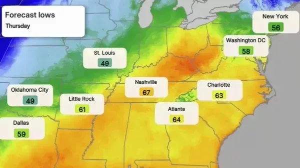 These images show the 48 hour temperature change across various cities.