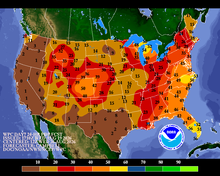  example of a NOAA probability of precipitation forecast, issued Aug. 19, 2026. Shading and numbers show the percent chance that measurable rain &mdash; 0.01 inches or more &mdash; falls at a given point over a 24-hour period. (NOAA/NWS Weather Prediction Center)