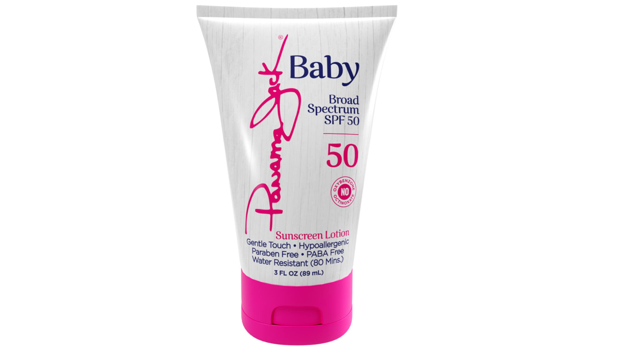 White tube of Johnson's Baby sunscreen lotion with pink cap and text, featuring SPF 50 broad spectrum protection