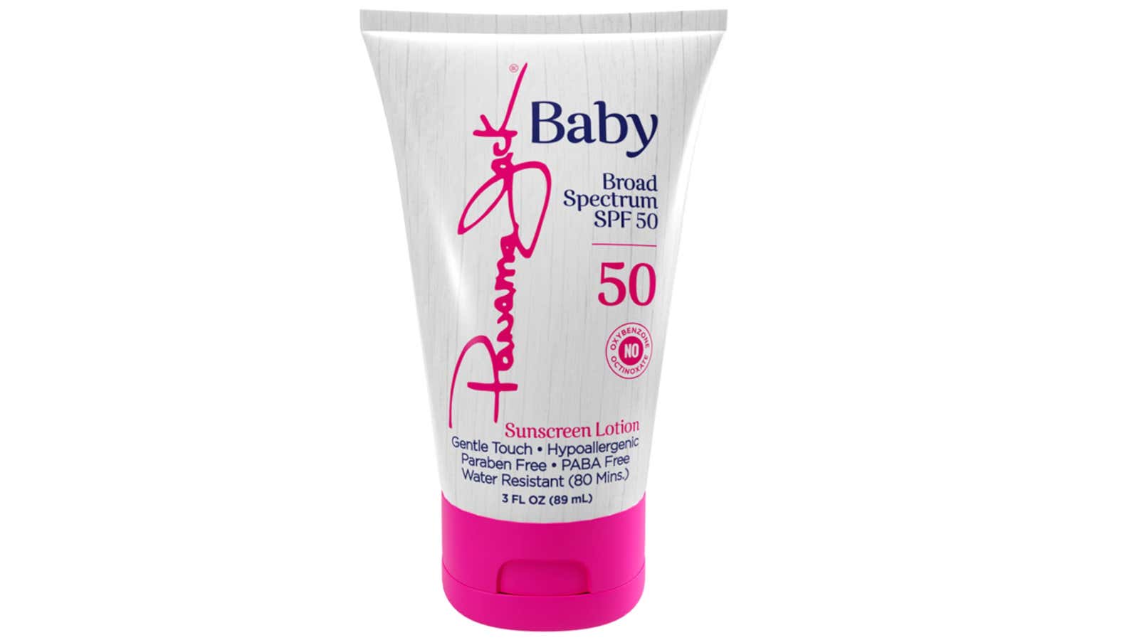 White tube of Johnson's Baby sunscreen lotion with pink cap and text, featuring SPF 50 broad spectrum protection