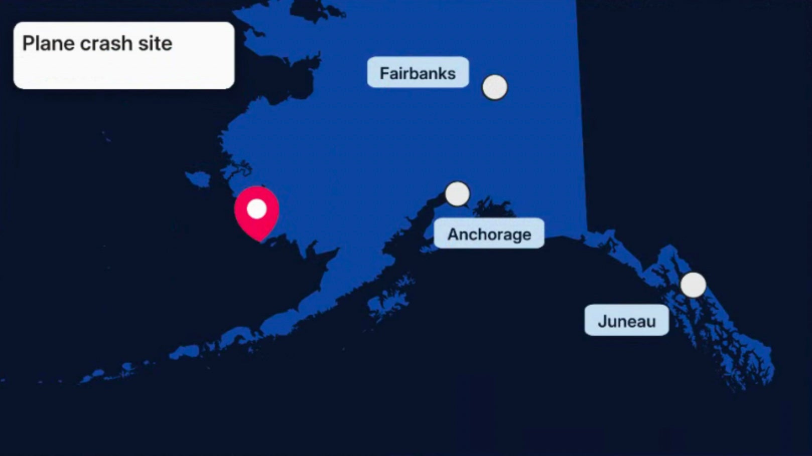 Map of Alaska marking a plane crash site with a red pin near Anchorage, Fairbanks, and Juneau