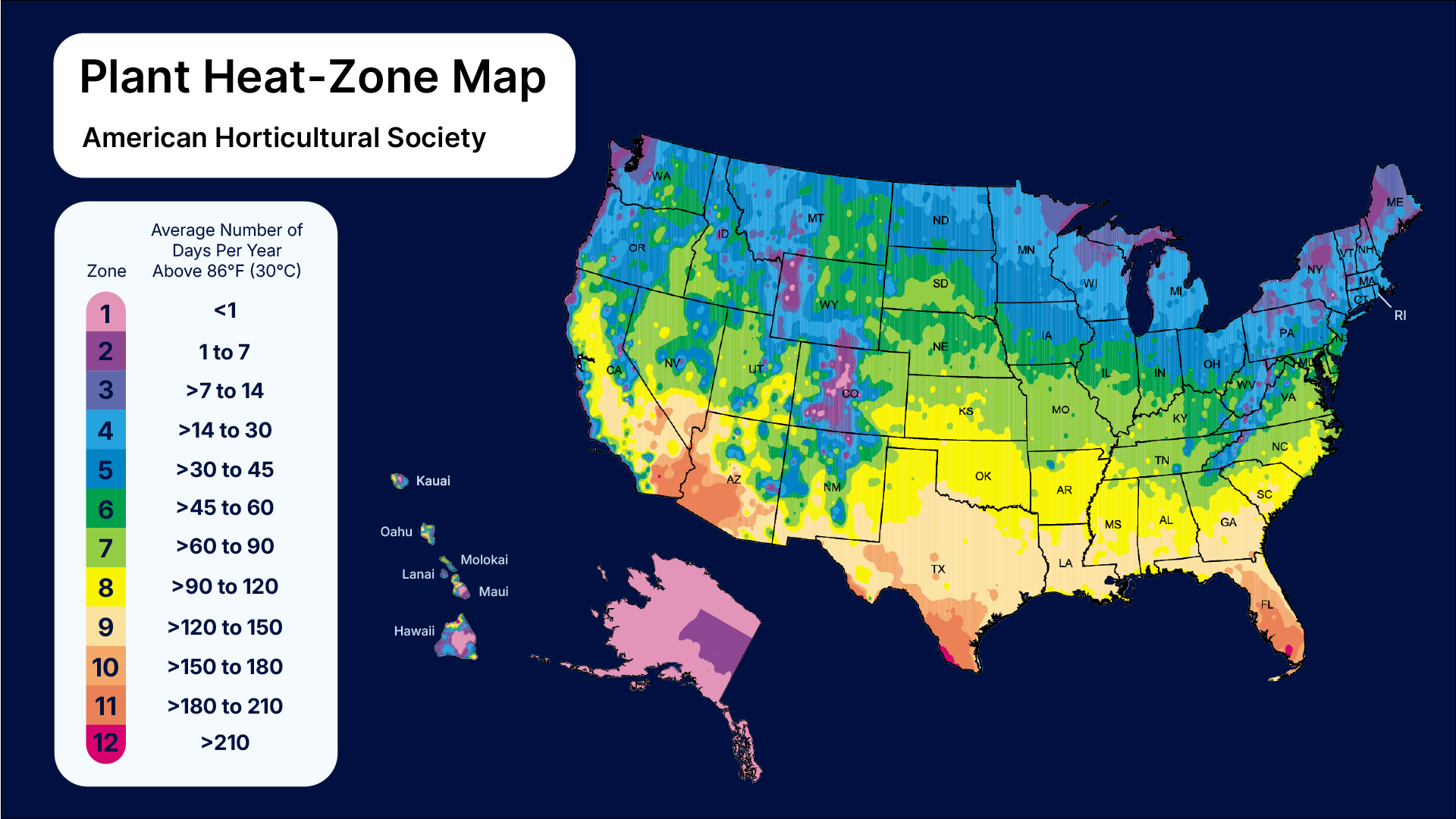 American Horticultural Society Plant Heat-Zone Map showing 12 color-coded zones across the US based on annual days above 86&deg;F