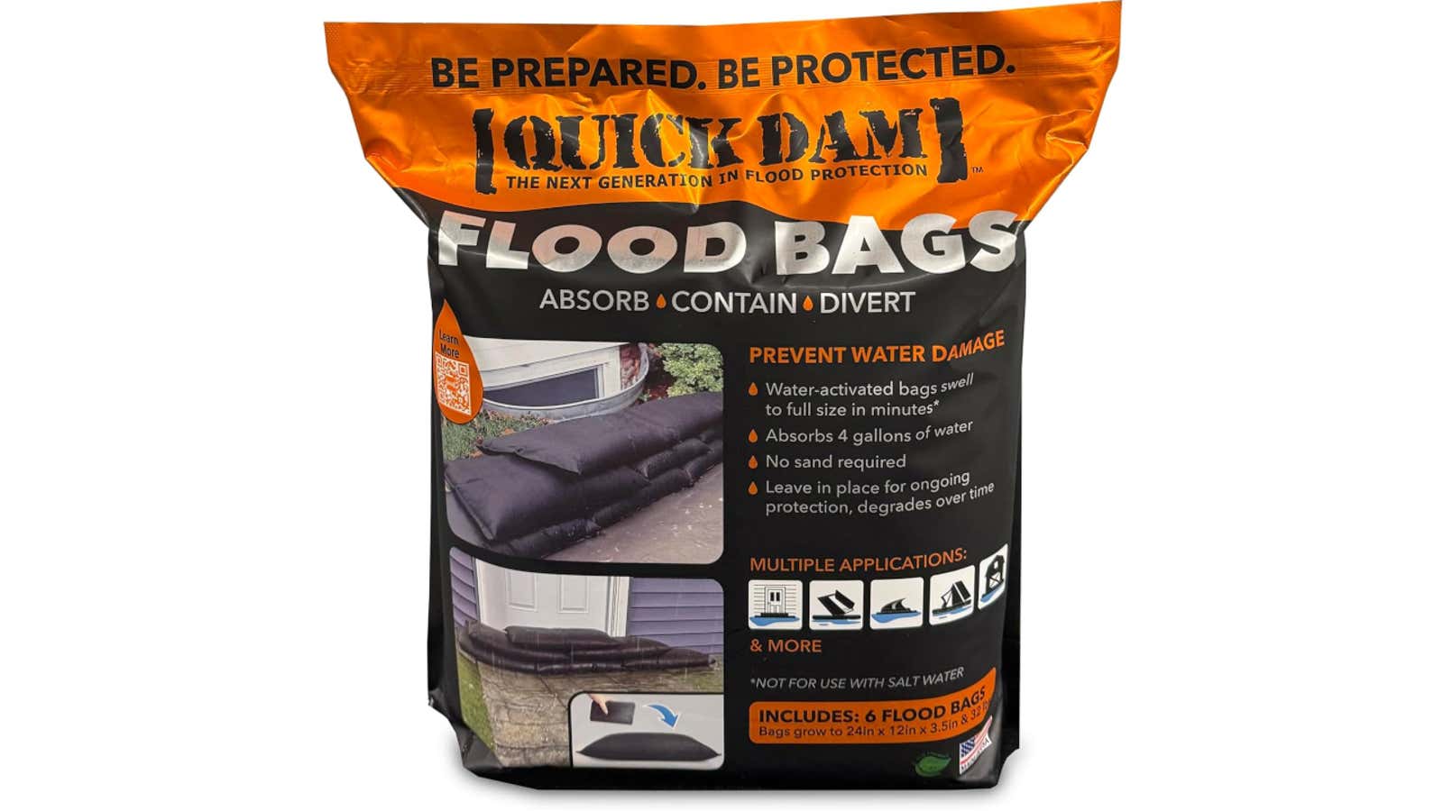 Package of Quick Dam flood bags with orange and black labeling on a white background