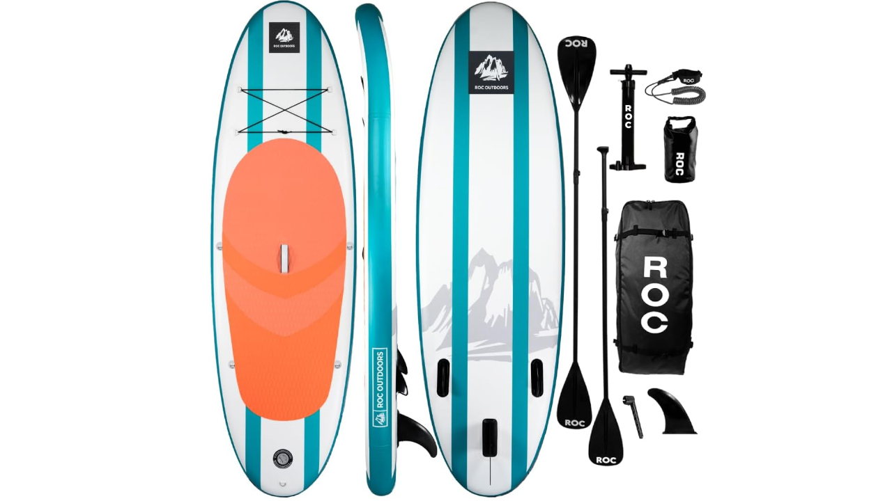 Inflatable paddleboards with teal and white design displayed with complete accessories including paddle, pump, carry bag, leash, and fins
