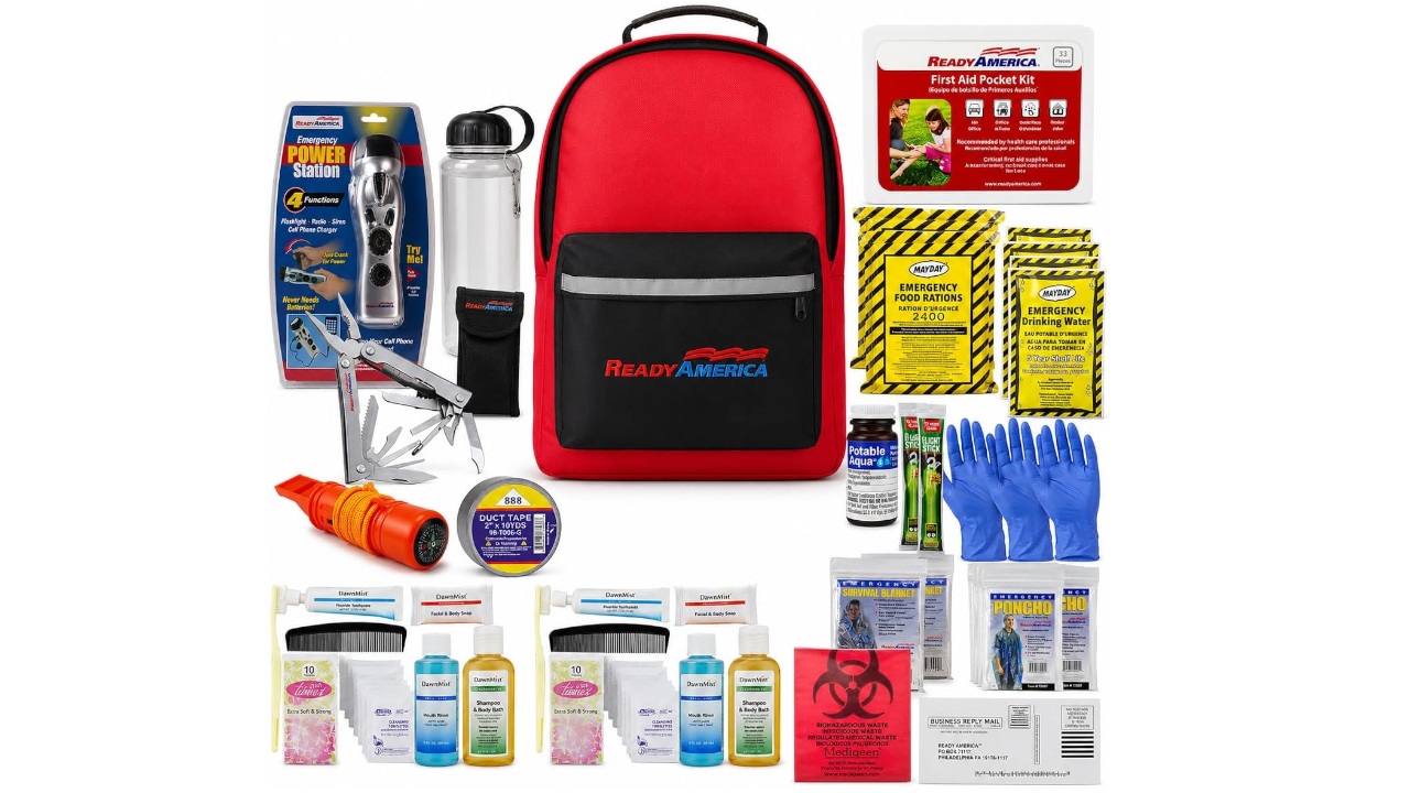 Red emergency preparedness backpack surrounded by first aid, food, water, gloves, and survival supplies