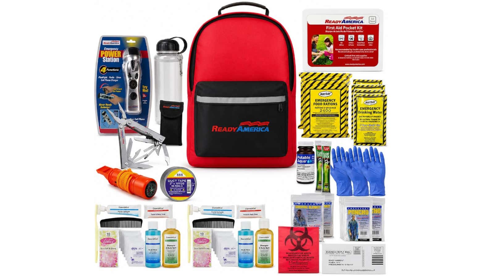 Red emergency preparedness backpack surrounded by first aid, food, water, gloves, and survival supplies