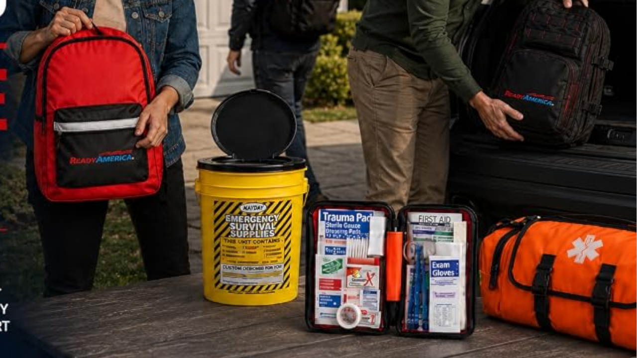 People holding emergency preparedness bags and first aid kits beside a yellow survival supplies bucket and orange medical duffel