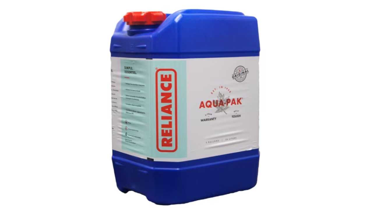 Blue Reliance Aquapak water container with red cap and white label