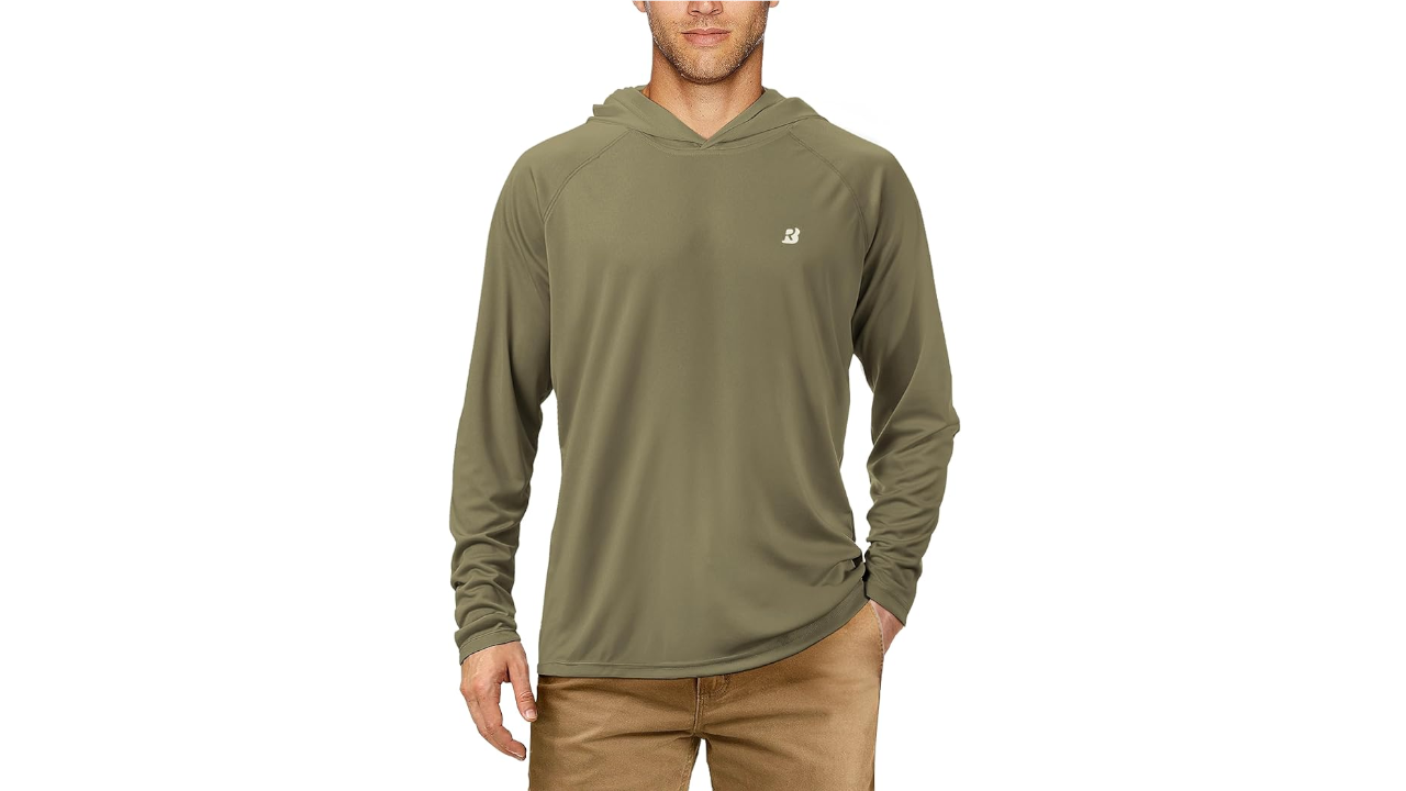 Man wearing olive green long-sleeve hooded shirt with small white logo and tan pants
