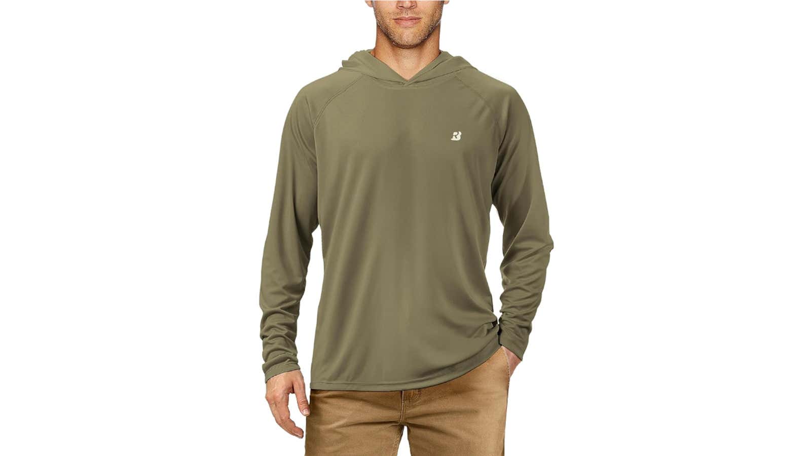 Man wearing olive green long-sleeve hooded shirt with small white logo and tan pants