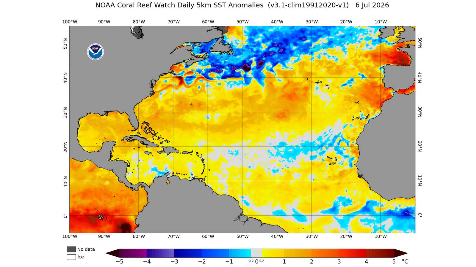 Anomalías en la temperatura de la superficie del mar del Océano Atlántico a principios de julio de 2026